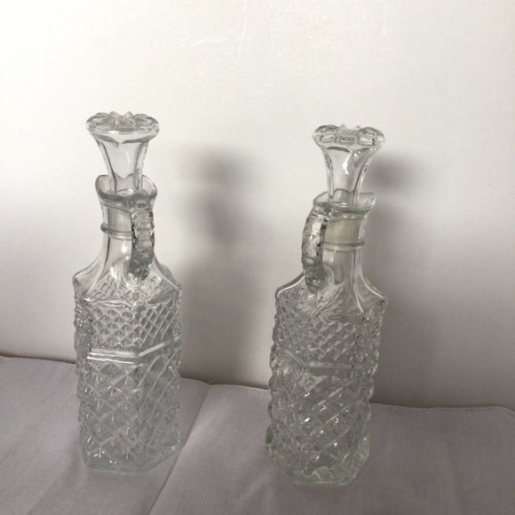 2 vintage bottle decanter clear glass lidded handled hexagonal diamond flower - Picture 4 of 7